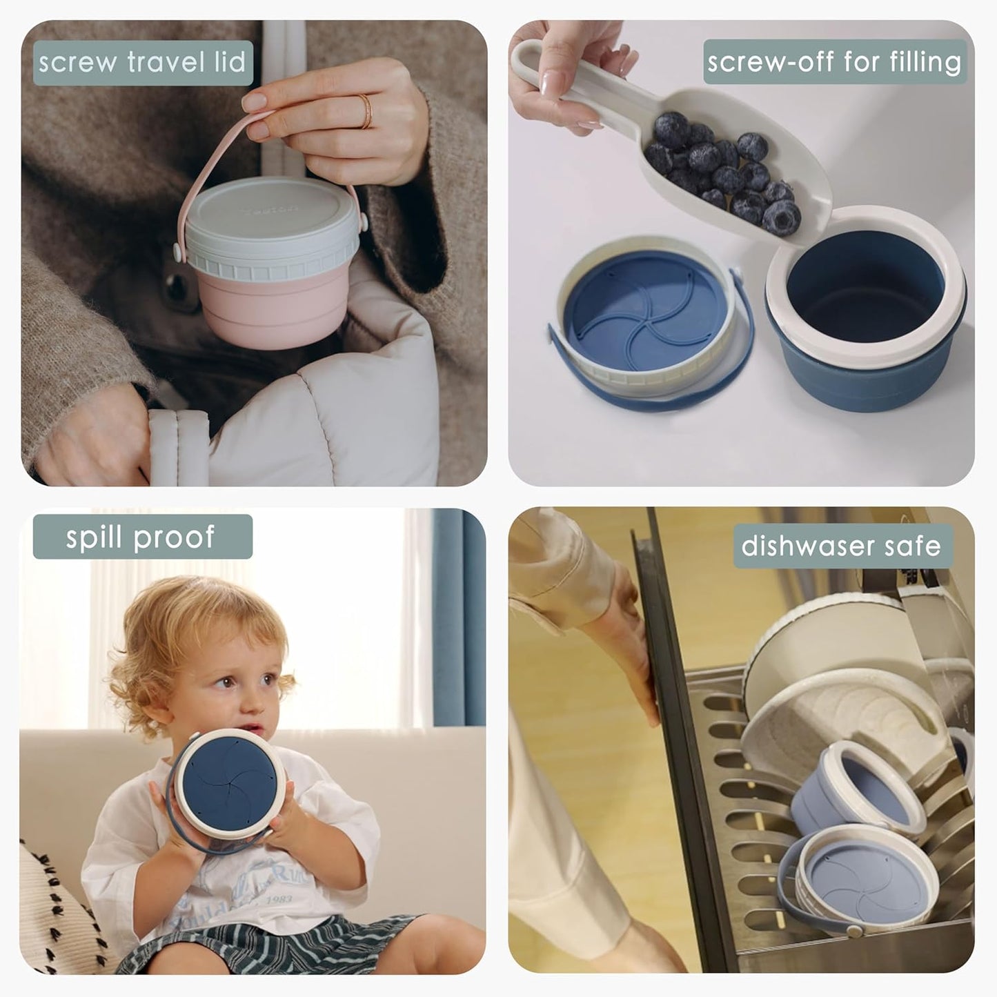 No Spill Silicone Toddler Snack Containers, Detachable Silicone Flap for Filling&Cleaning, Crumb-Free Hard Plastic Screw Travel Lid, Ultra-Soft for Baby Kids Hand In-Out, Snack Cup Holder 12 oz