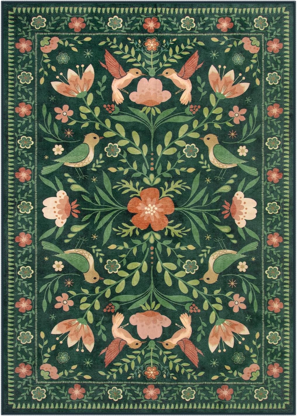 Moynesa Boho Bird Washable Rug, 3x5 Ultra-Thin Dark Green Kitchen Rugs Non-Slip, Stain Resistant, Low Pile, Indoor Small Living Room Throw Carpet for Entryway Bathroom Office Bedroom