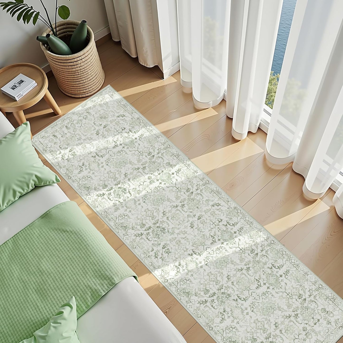 Sage 3x12 Runner Rug for Hallways Bed Side Kitchen, Boho Washable Distressed Low-Pile Floor Entryway Long Bathroom Mat, Non-Slip Laundry Room Washstand Front Carpet 36x144 Inch