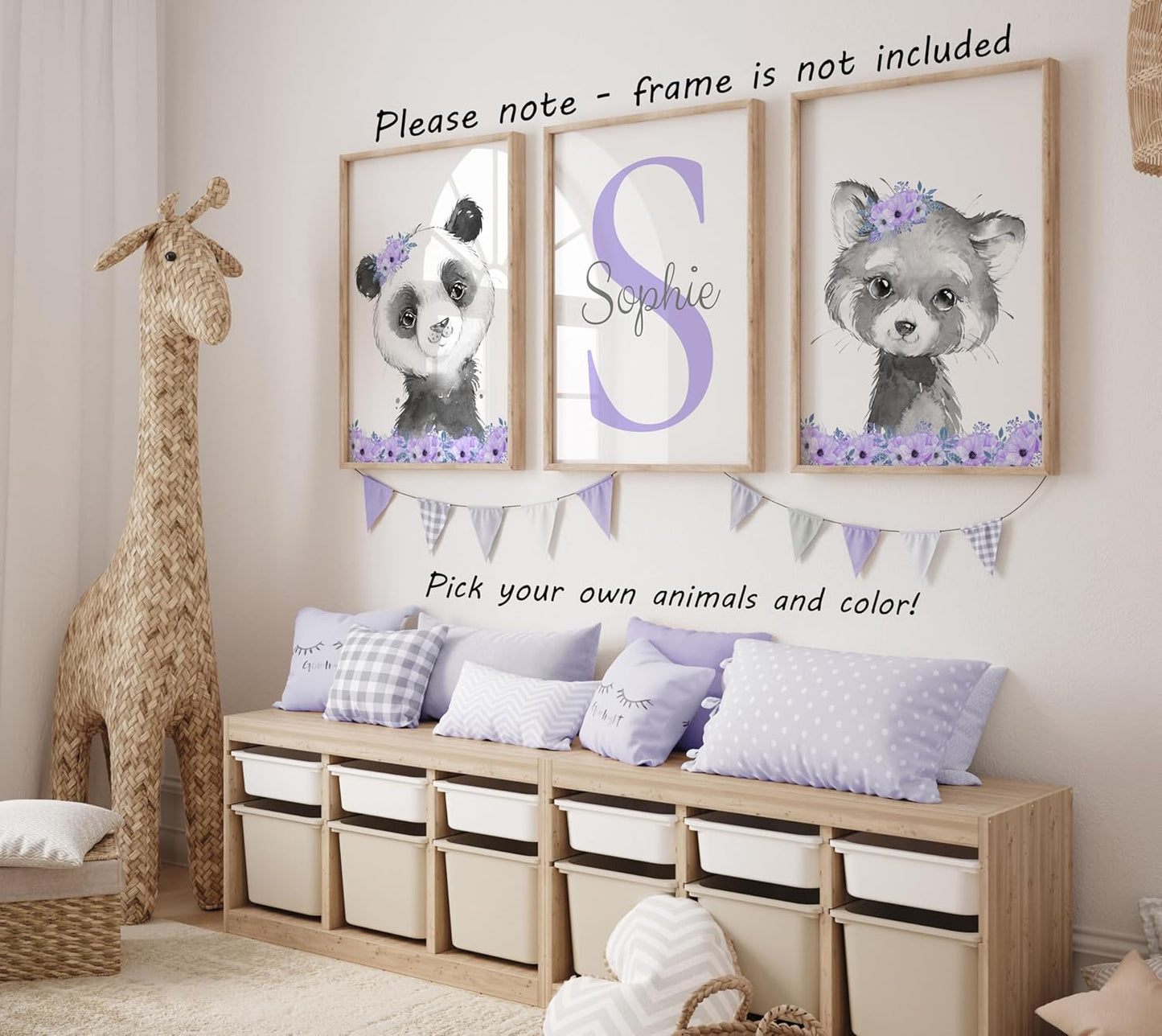 Safari Animals Girls Nursery Bedroom Unframed Set of 3 Poster Prints, Personalized Name Pink or Purple Flowers Wall Art Decor New Baby Gift Present, Elephant Giraffe Panda Zebra Lion (17x22)