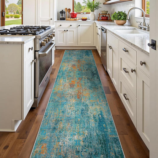 Washable Area Rugs 2'x8' Non-Slip Modern Abstract Soft for Living Room Entryway Bedroom Nursery, Print Pattern, Teal Blue Green Orange Rust Red Colorful