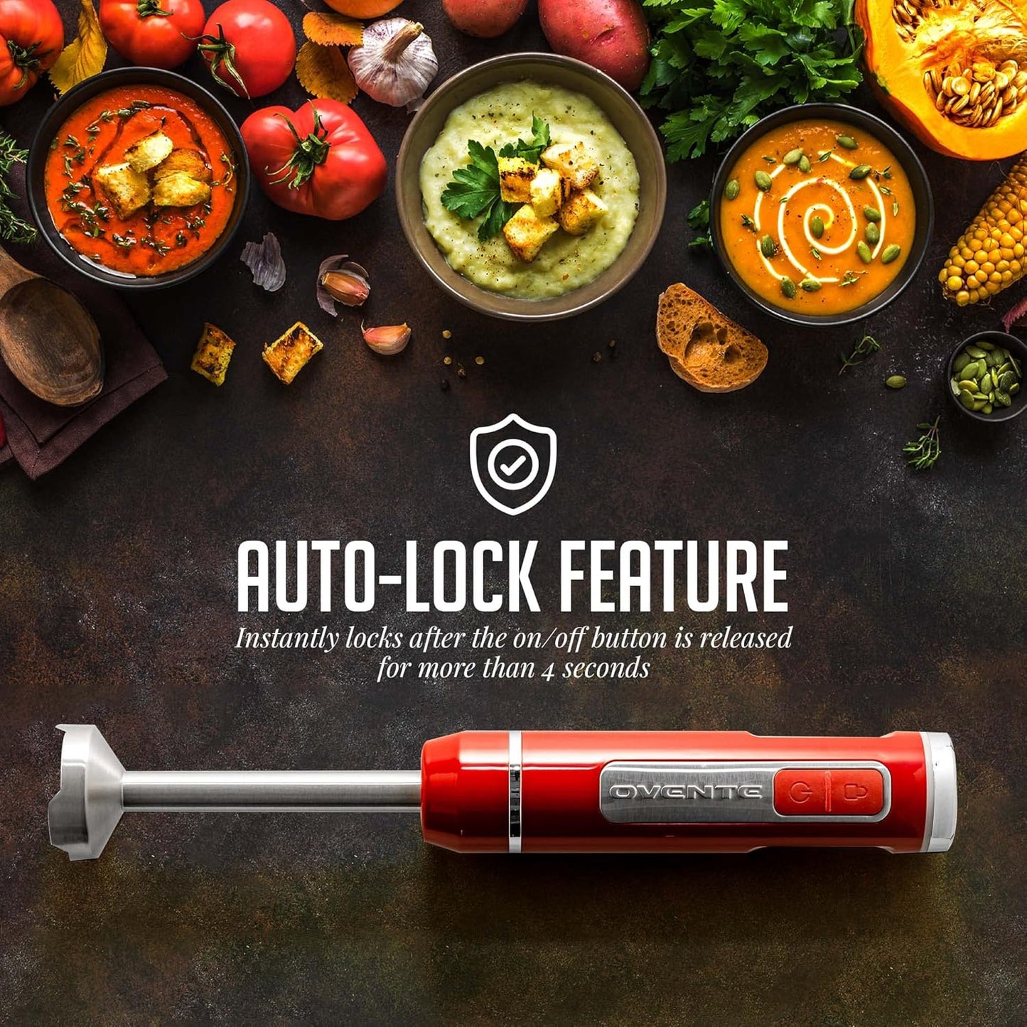 OVENTE Cordless Immersion Hand Blender, Rechargeable Handheld Portable Stick Mixer with 8 Mixing Speed Option, One-Touch Control and Stainless Steel Blades for Smoothies, Shakes or Soups, Red HR781R