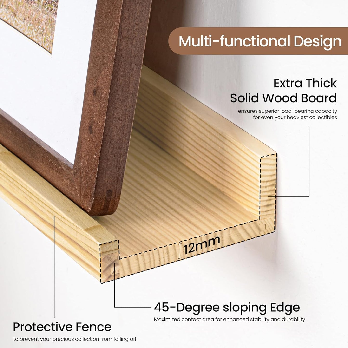 Picture Ledge Shelf, Solid Pine Wood Floating Shelves Set of 2, 24 Inches Nursery Book Shelves for Toys Storage, Kids Bookshelf Wall Mounted for Living Room Decor Photo Frames, Unfinished Natural