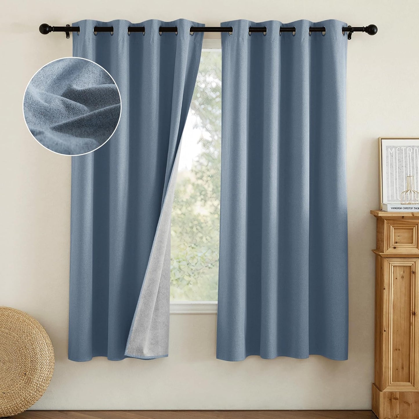 NICETOWN Stone Blue Full Shade Faux Linen Curtain Panels 72" Long, Pair of Energy Smart & Noise Blocking Out Blackout Drapes for Guest Room Window, Thermal Insulated Lined Window Dressing (52 inch)