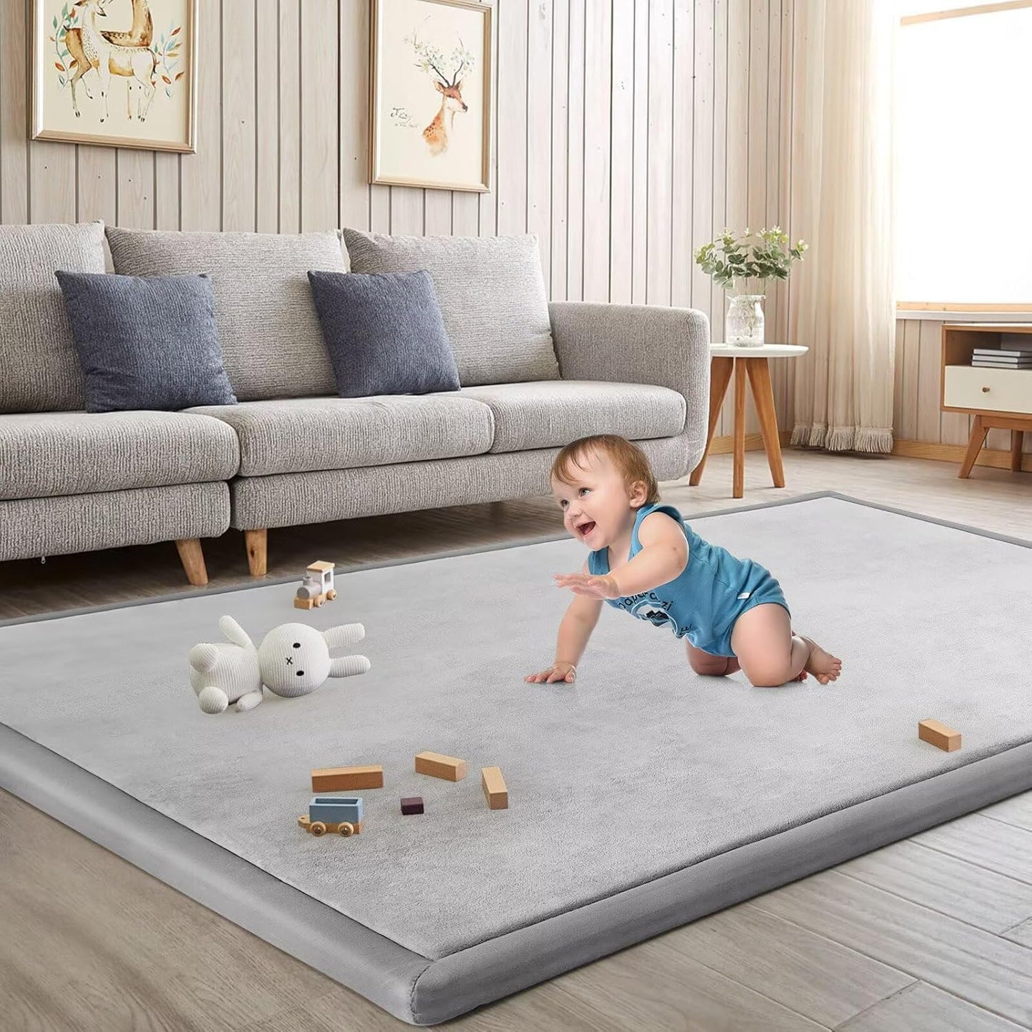 Baby Play Mat for Floor Tummy Time Nursery Rug Muscle Area Playroom Rug Tatami Mat 13'1"x6'7" Memory Foam 1.3" Thick Crawling for Babies,Toddlers, Infants, Kids(Light Gray)