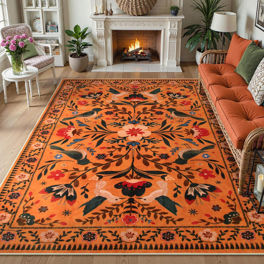 Moynesa Washable Rugs 8x10, Ultra Thin Boho Bird Living Room Area Rug Stain Resistance, Indoor Soft Orange Floral Large Easy Clean Carpet for Bedroom Dining Room Under Table Kid Playroom