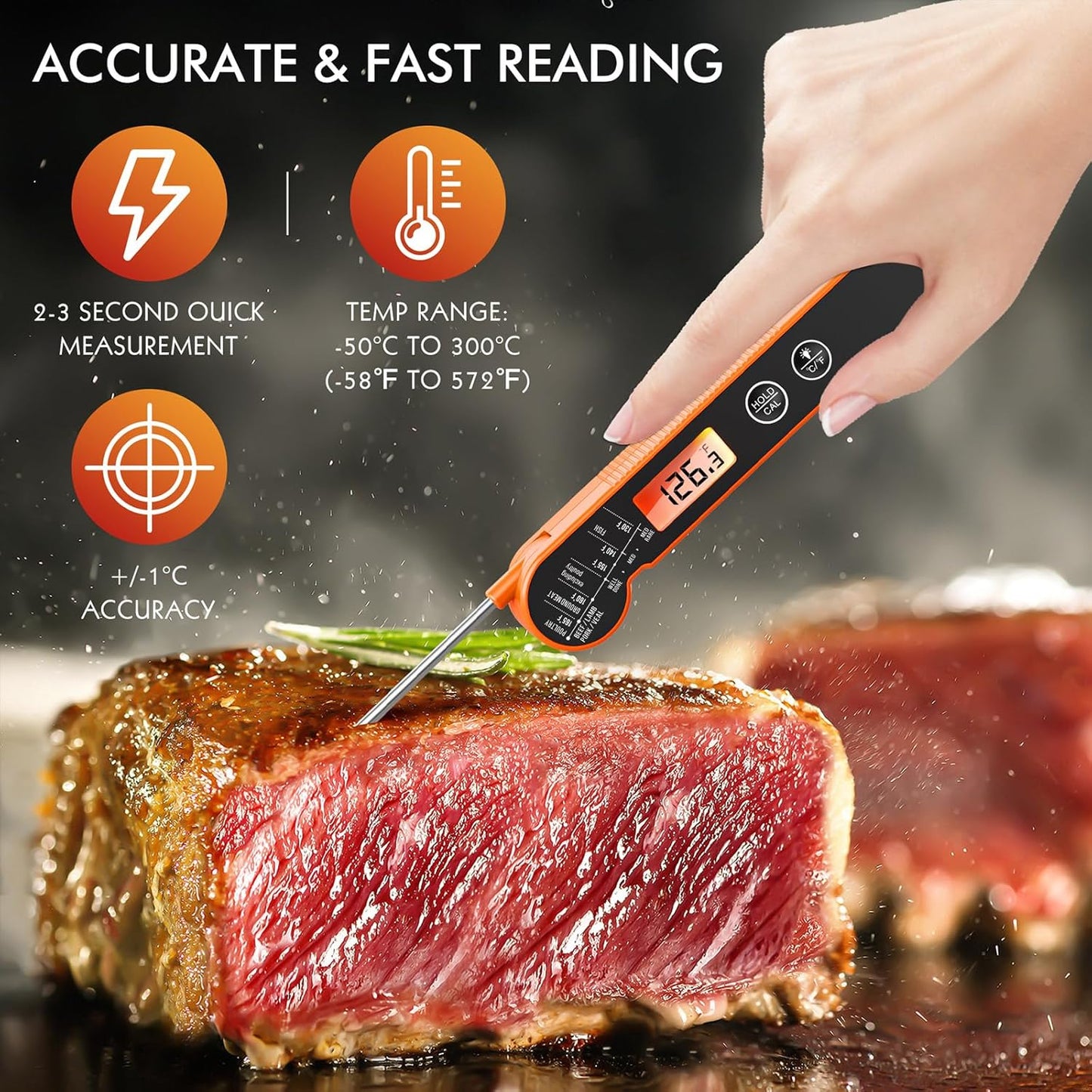Meat Thermometer Digital with Backlight, Calibration & Hold Function, IP65 Waterproof Food Thermometer for Cooking, Outdoor Grilling, Candy Making