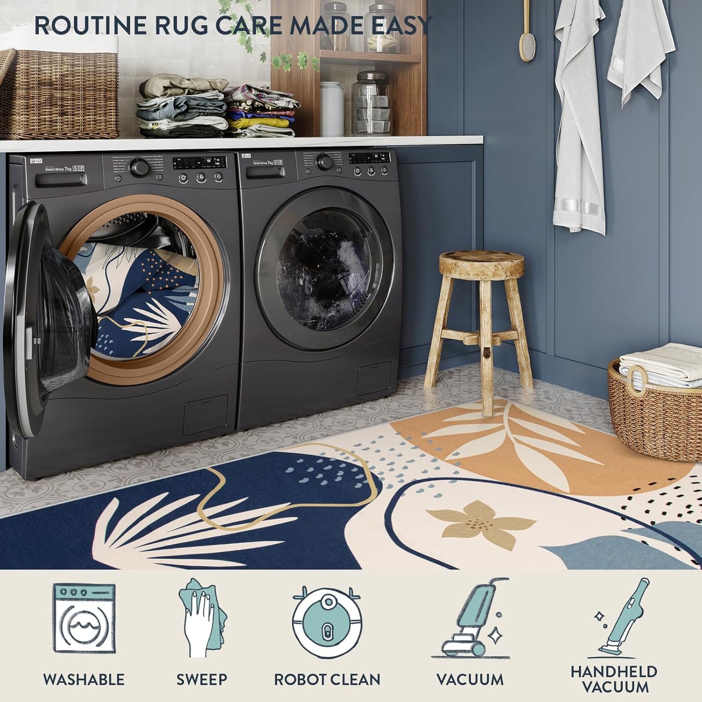 Lahome Washable Area Rug - 8x10 Non-Slip Ultra-Thin Large Area Rug, Soft Bedroom & Living Room Rug, Boho Botanical Print Indoor Stain Resistant Floor Rug for Dining Room Table & Office