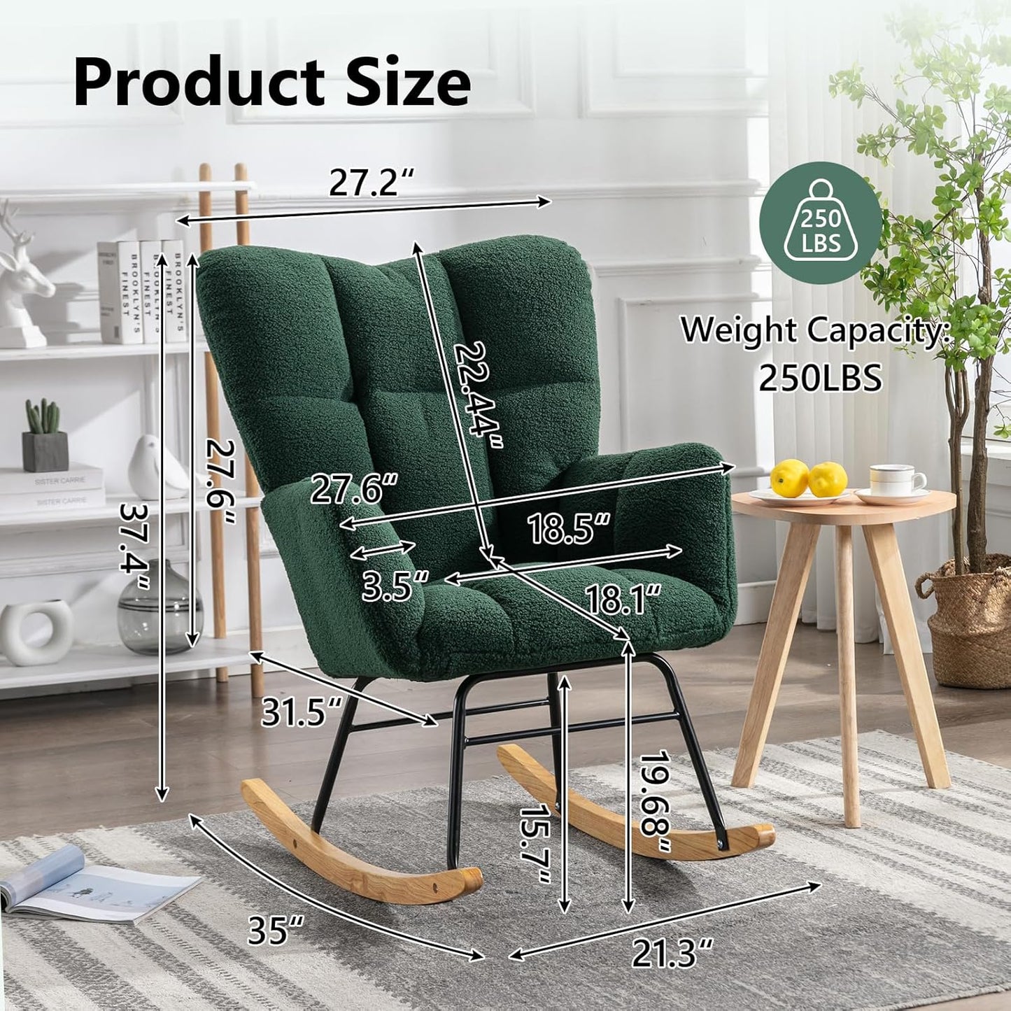 NIOIIKIT Nursery Rocking Chair Teddy Fabric Upholstered Glider Rocker Rocking Accent Chair Padded Seat with High Backrest Armchair Comfy Side Chair for Living Room Bedroom(Green Teddy)