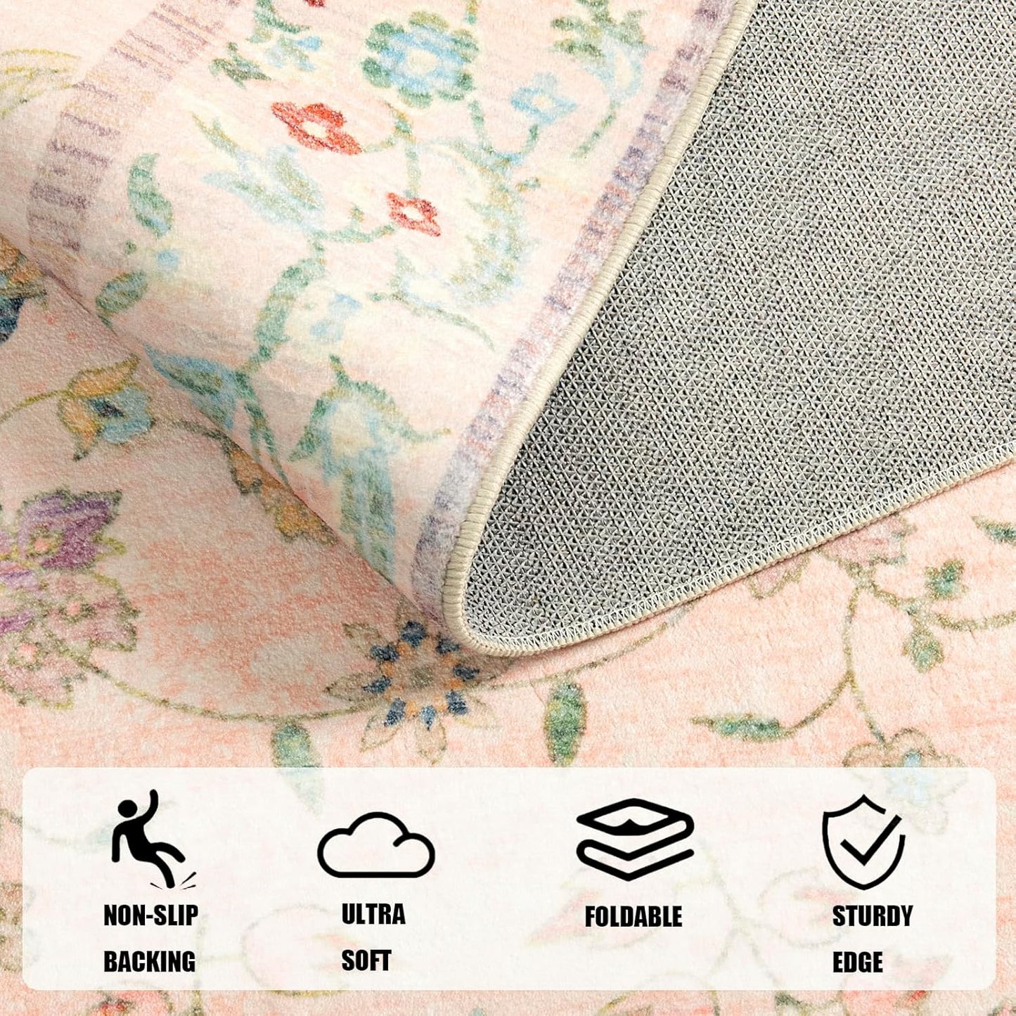 LOCHAS Washable Area Rugs 4x6, Pink Floral Rug for Living Room Bedroom Non Slip, Ultra Soft Vintage Indoor Carpet for Kids, Nursery, Dorm, Dining Room, Classroom, Boho Flower Home Decor, Low-Pile