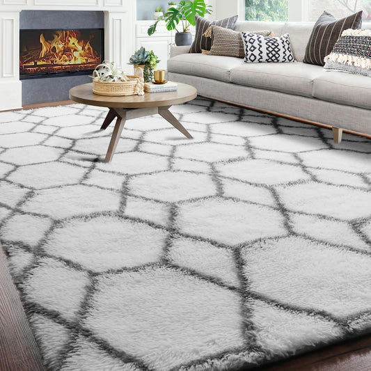 ONASAR 6x9 Area Rugs for Living Room Bedroom, Washable Large Fluffy White and Grey Throw Rug, Geometric Soft Plush Shaggy Floor Carpet for Nursery Kids Girls Boys Teen Dorm Home Decor Aesthetic