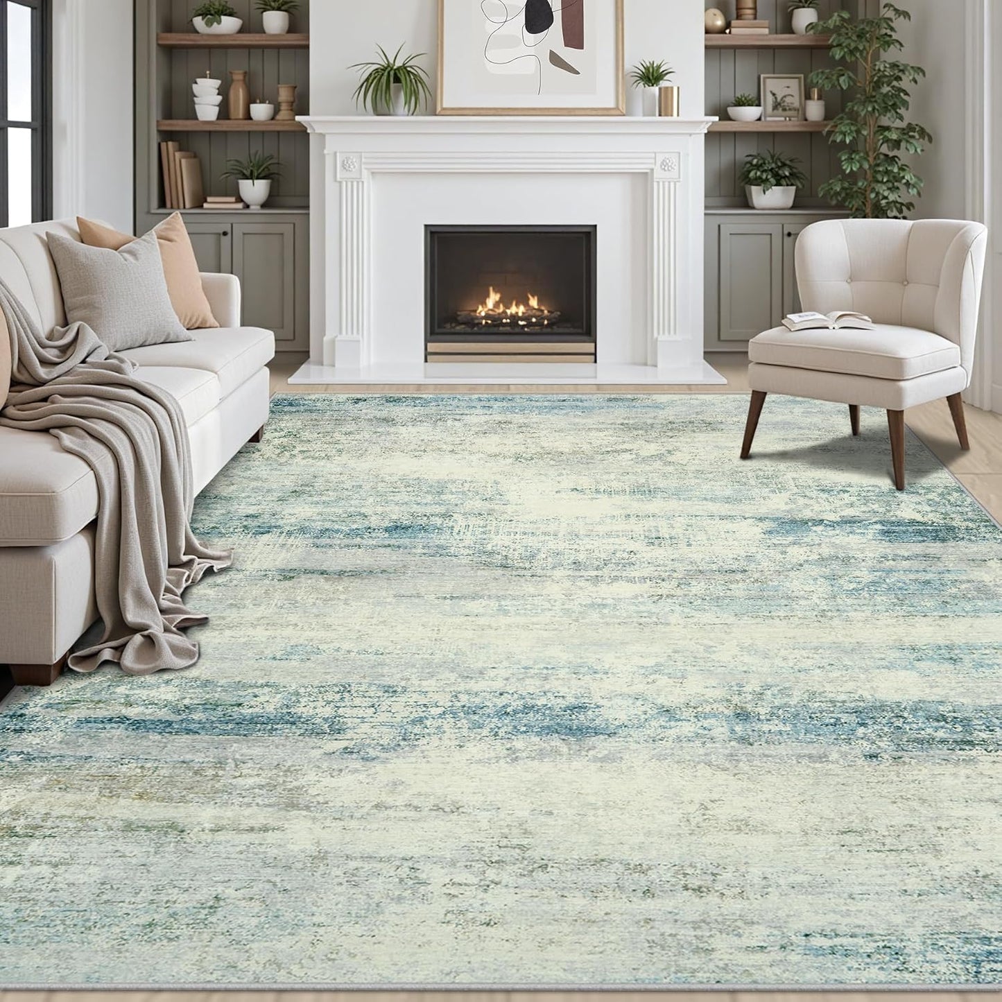 10x14 Area Rugs for Living Room: Soft Abstract Large Area Rug Non-Shedding Anti-Skid Stain Resistant Indoor Floor Modern Washable Rugs for Bedroom Dining Room Nursery Farmhouse Home Office-Blue/Gray