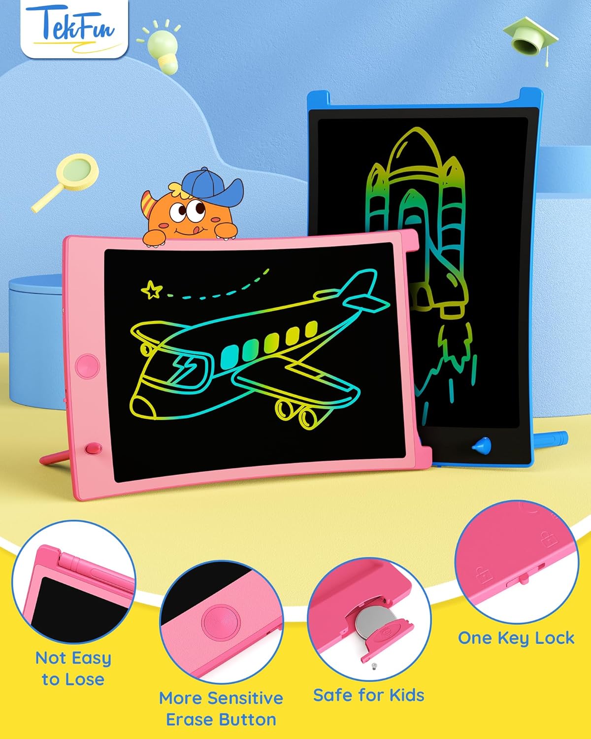 TEKFUN Kids Toys, 2Pcs LCD Writing Tablet with 4 Stylus, 8.5in Erasable Doodle Board Mess Free Drawing Pad for Kids, Car Trip Educational Toys Birthday for 3 4 5 6 7 Girls Boys