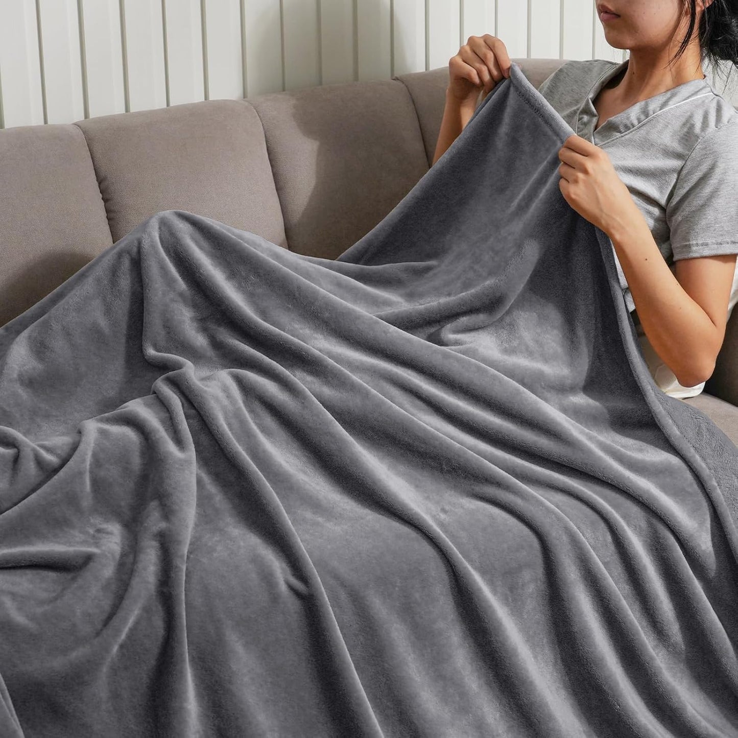 PHF Ultra Soft Fleece Throw Blanket, No Shed No Pilling Luxury Plush Cozy 300GSM Lightweight Blanket for Bed, Couch, Chair, Sofa Suitable for All Season, 50" x 60", Grey