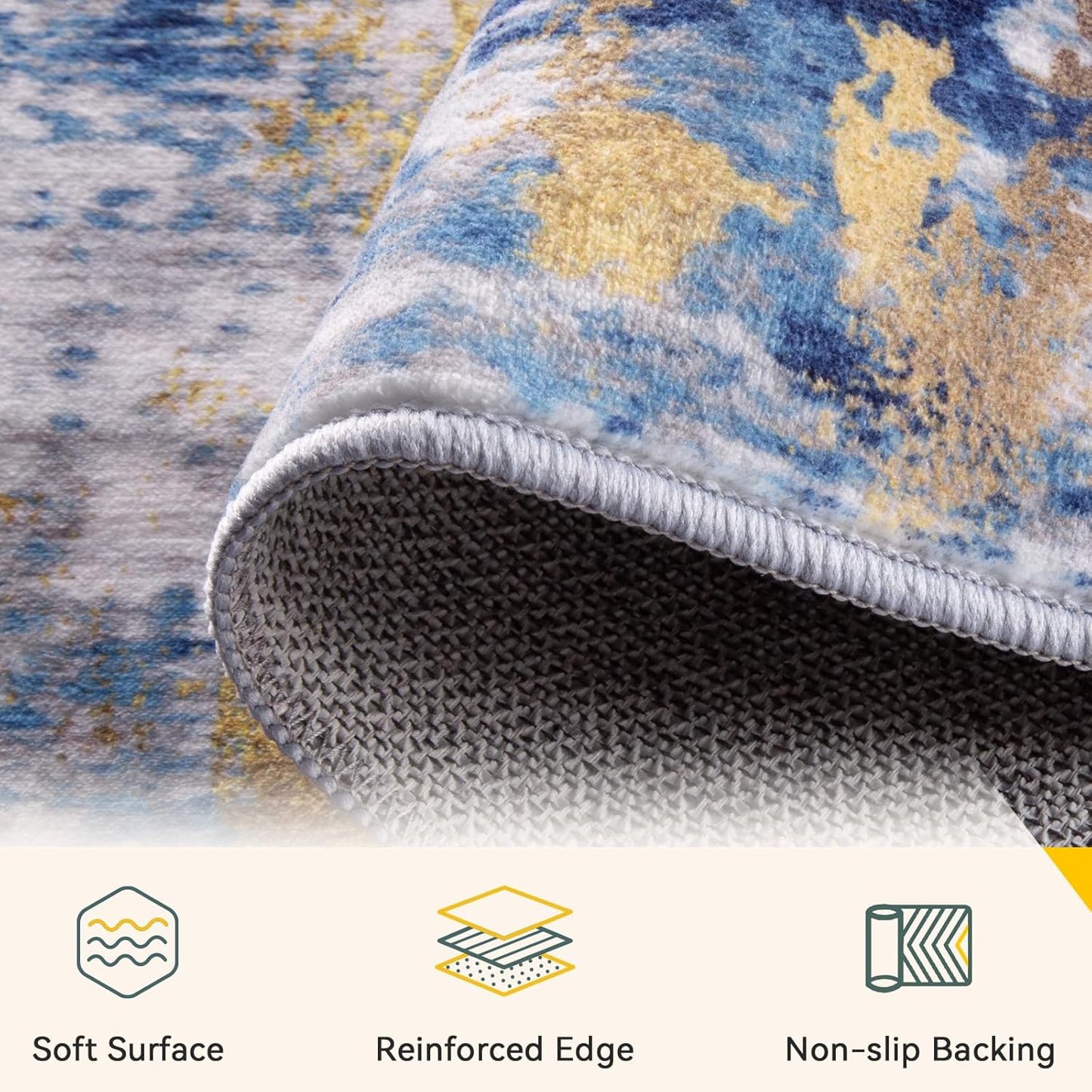 Washable Area Rugs 6'x9' Non-Slip Modern Abstract Soft for Living Room Entryway Bedroom Nursery, Print Pattern, Grey Blue Gold/Golden