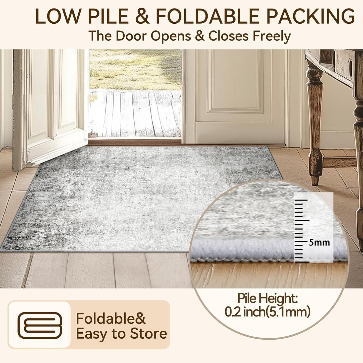 Washable Area Rugs 2'x6' Non-Slip Modern Abstract Soft for Living Room Entryway Bedroom Nursery, Print Pattern, Gray White Grey