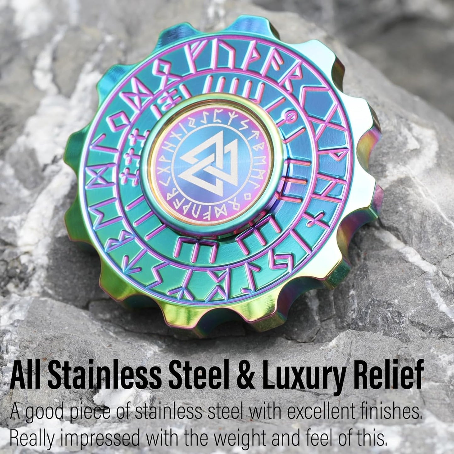 FREELOVE Metal Fidget Spinner, Viking Pirate Haptic Gyro, Heavy Stainless Steel Hand Spinning, Small Round Gear Fidget Block, Premium Bearing Silent Long Spinning for Adults Anxiety Cool, Rainbow