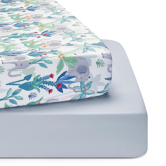 TILLYOU Baby Crib Sheets for Boys Girls, Super Soft Toddler Bed Sheets, 2 Pack Sheets for Standard Crib Mattress 28x52in, Rainforest Elephant