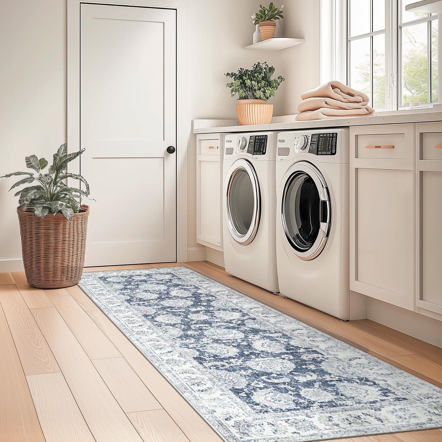 jinchan Runner Rug 2x5 Machine Washable Hallway Rug Dark Blue Vintage Floral Print Non-Slip Low Pile Ultra-Thin for Kitchen,Entryway,Laundry Room,Bedroom,Farmhouse (2‘x5’,Dark Blue)