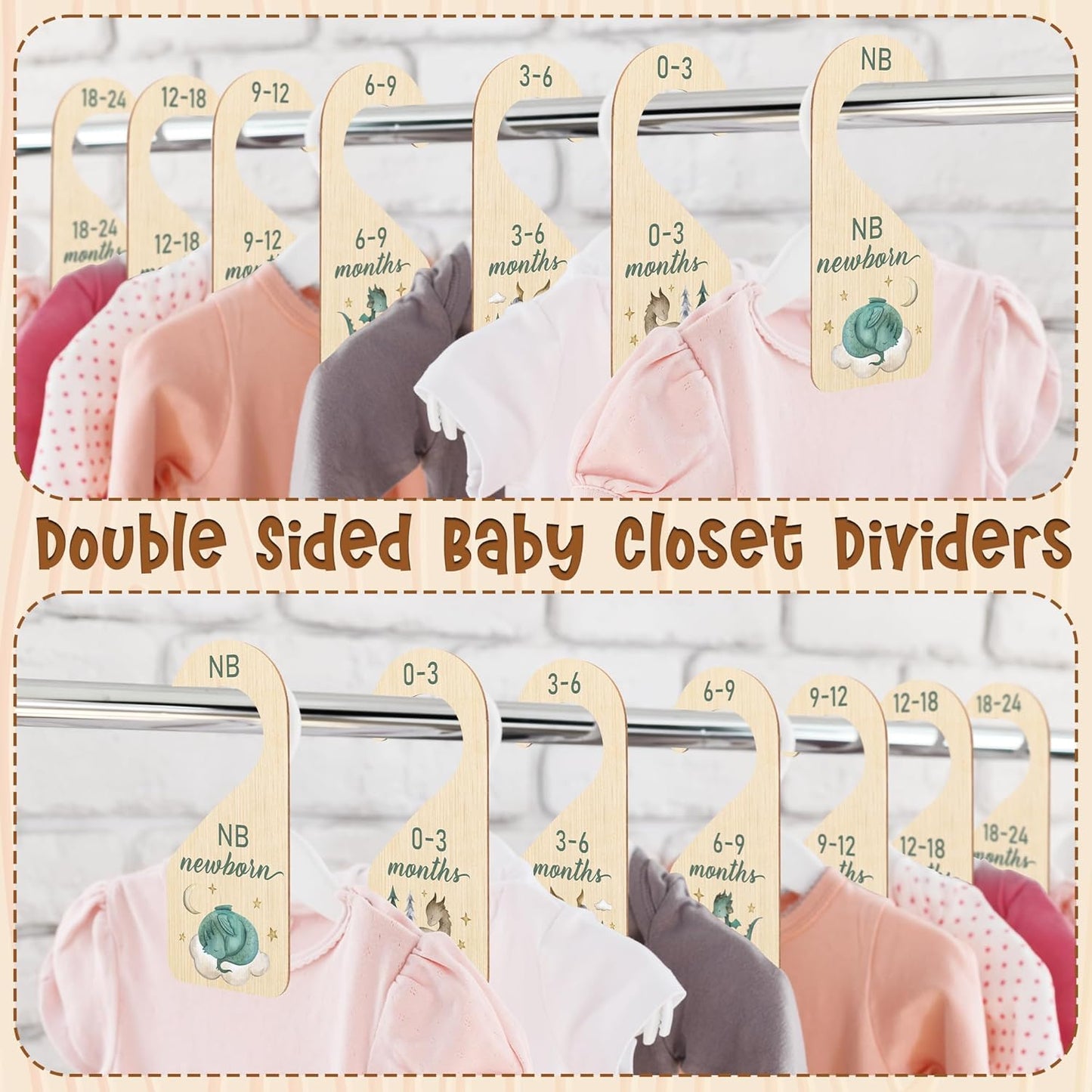 R HORSE Wooden Baby Closet Dividers - 8Pcs Dragon Baby Closet Organizer, Double-Sided Newborn Clothes Size Hanger Dividers, Nursery Decor Birthday Gift for Boy Girl (0-24 Months)