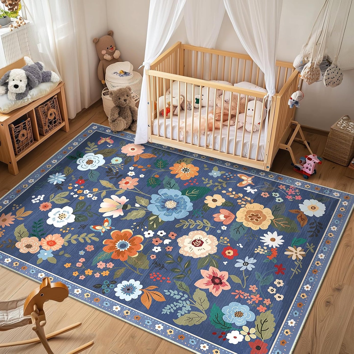 Floral 6x9 Area Rug Machine Washable Soft Print Boho Carpet Non Slip Doormat Low Pile Flower Area Rugs for Living Room Bedroom Nursery Kitchen Dining Room Indoor-Blue/Grey