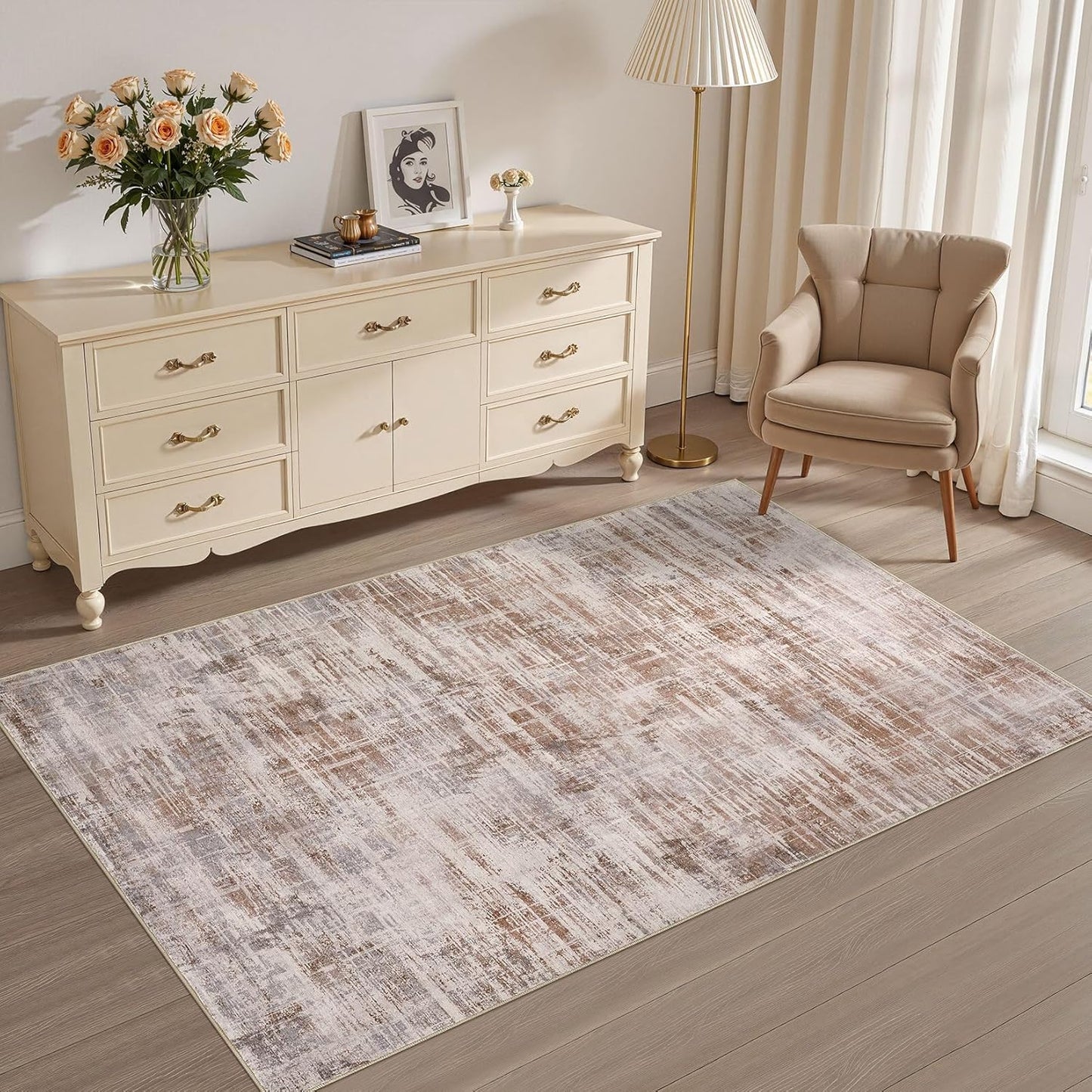 Area Rug for Living Room: 3x5 Washable Neutral Abstract Modern Soft Rugs Non Slip Indoor Floor Stain Resistant Carpet for Bedroom Dining Room Office Nursery - Red Brown