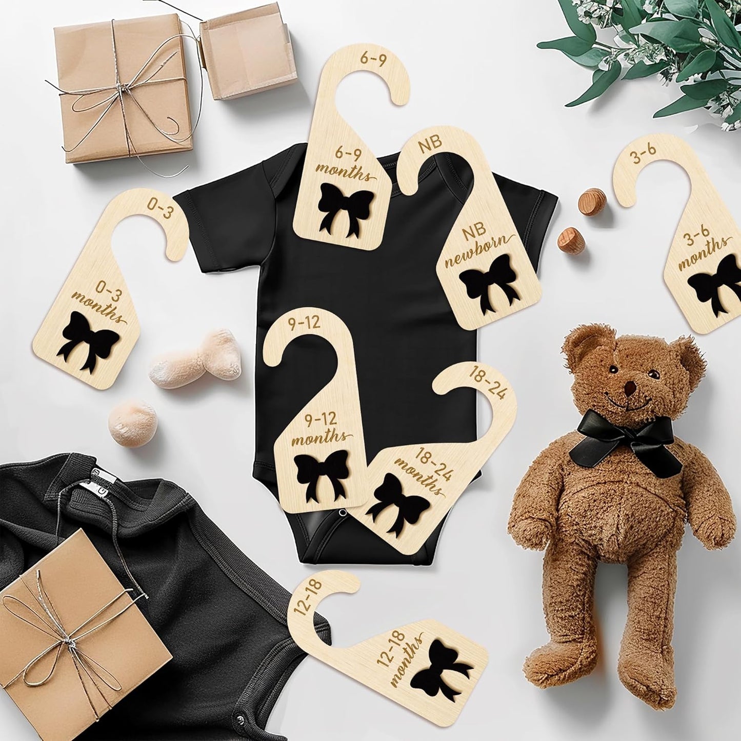 R HORSE Wooden Baby Closet Dividers - 8Pcs Double-Sided 3D Black Bow Baby Closet Organizer Newborn Clothes Size Hanger Dividers Nursery Decor Baby Shower Birthday Gift for Boy Girl (0-24 Months)