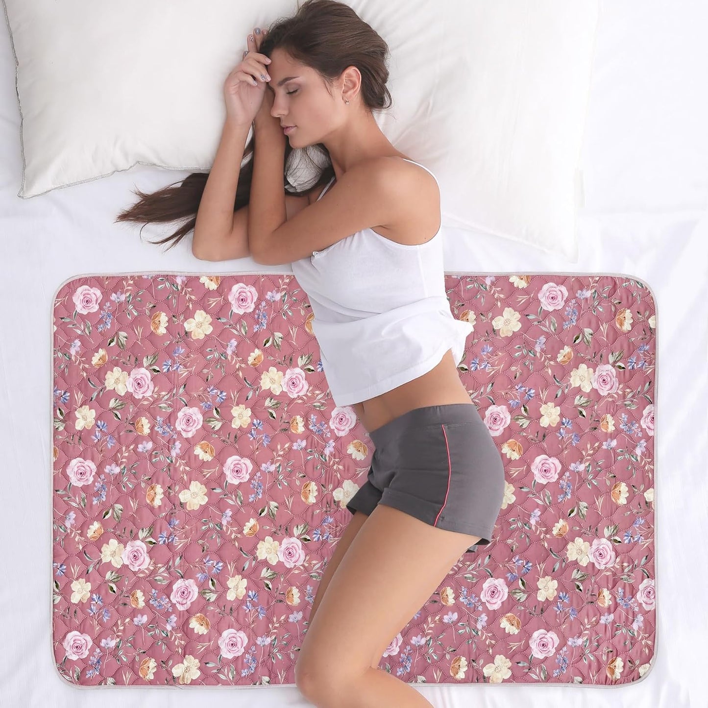 Organic Incontinence Pad for Period - Waterproof Protectors - Reusable Washable Pee Pad - Fits Twin to Full Size Beds - 100% Organic Viscose Derived from Bamboo - 34" x 52" Dark Flower