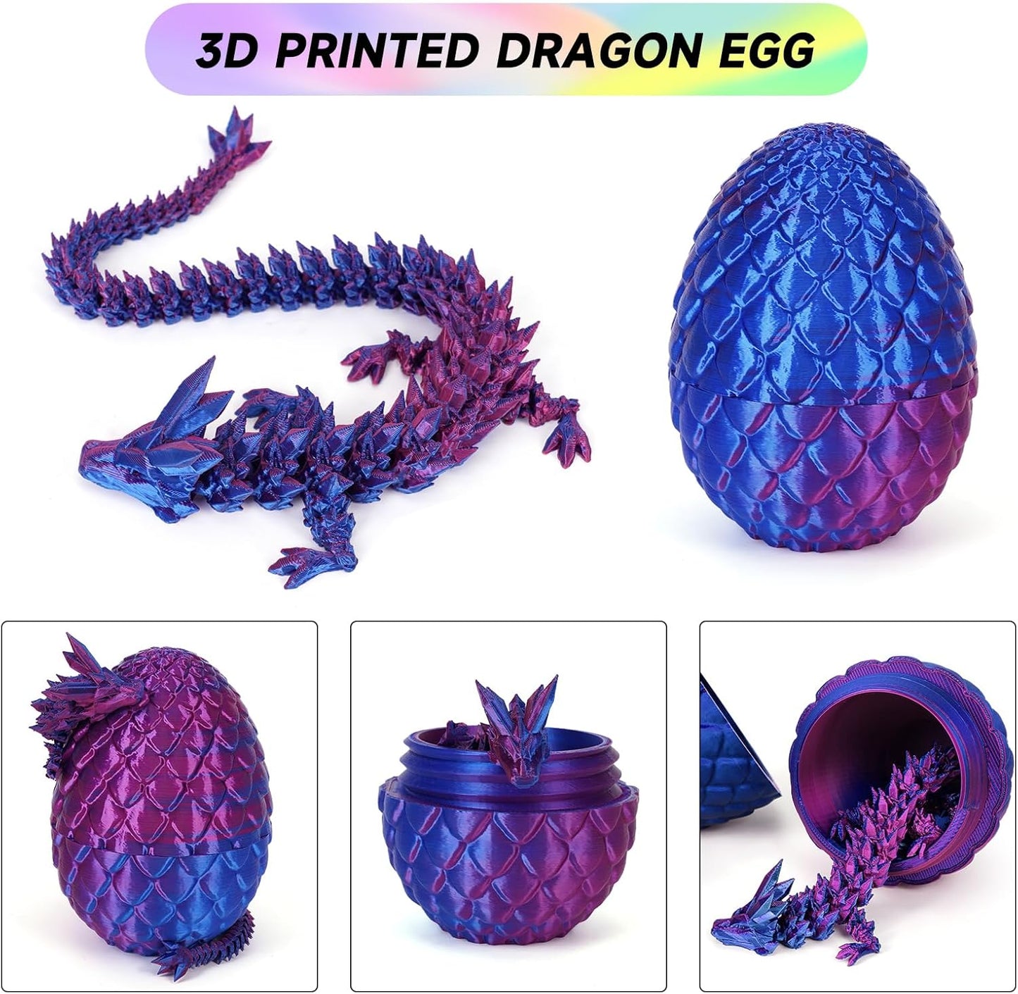 3D Printed Dragon Egg,Dragon Eggs with Dragon Inside,Crystal Dragon Fidget Toys,Full Articulated Dragon Dragon in Egg,Adults Fidget Toys for Autism ADHD（Laser Violet-12inch）
