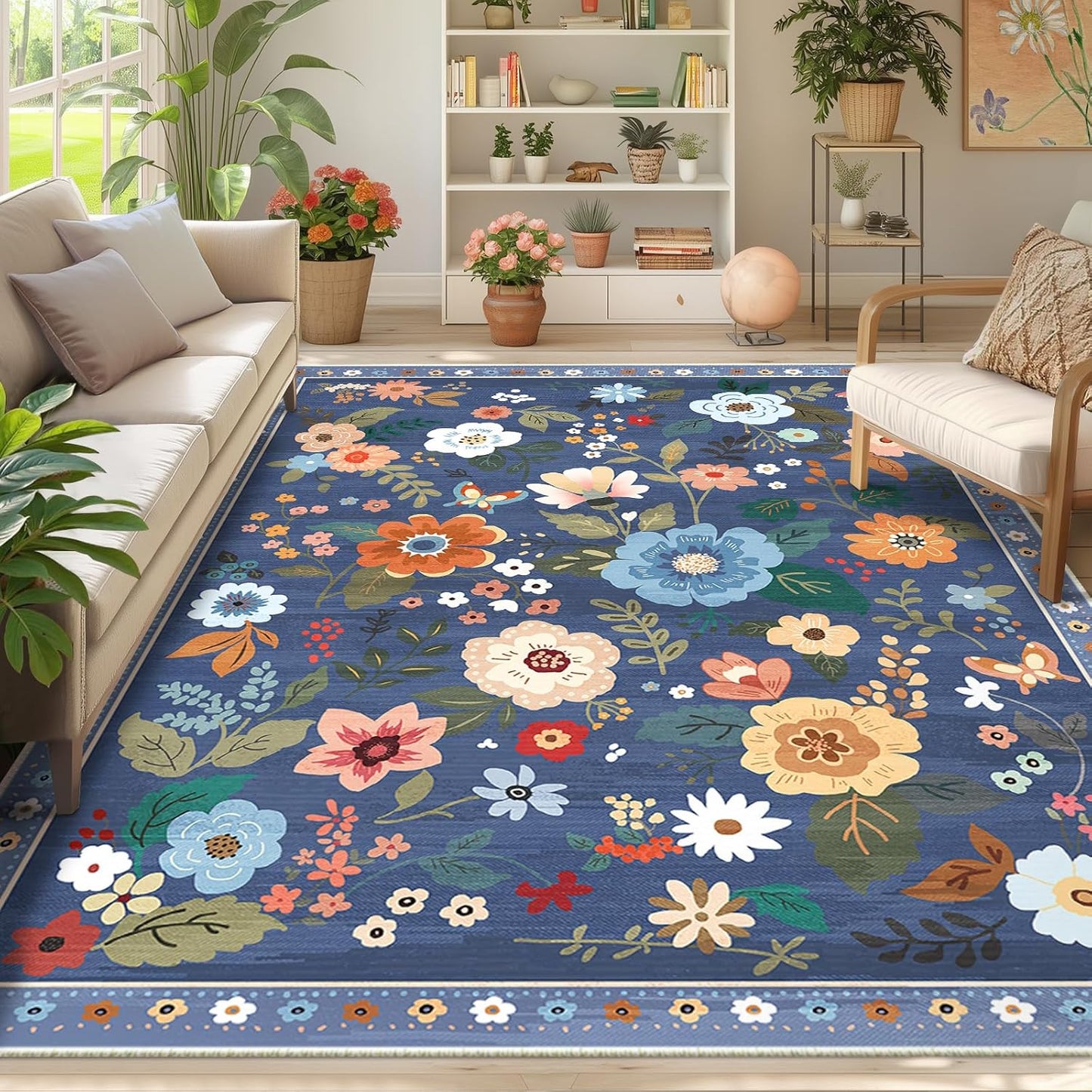 Floral 8x10 Area Rug Machine Washable Soft Print Boho Carpet Non Slip Doormat Low Pile Flower Area Rugs for Living Room Bedroom Nursery Kitchen Dining Room Indoor-Blue/Grey