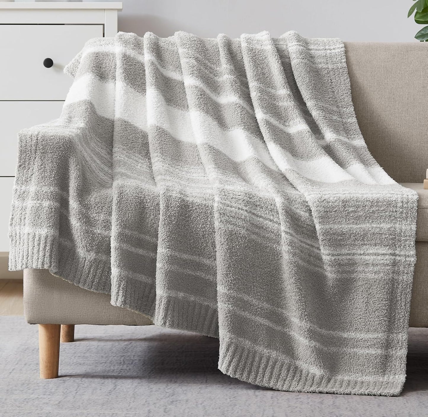 WRENGONGE Light Grey Throw Blanket, 50x70 Soft Cozy Striped Throw Blankets for Couch, Sofa, Bed, Travel, Lightweight Fluffy Warm Plush Decorative Blankets for Women, Men,Kids Gift