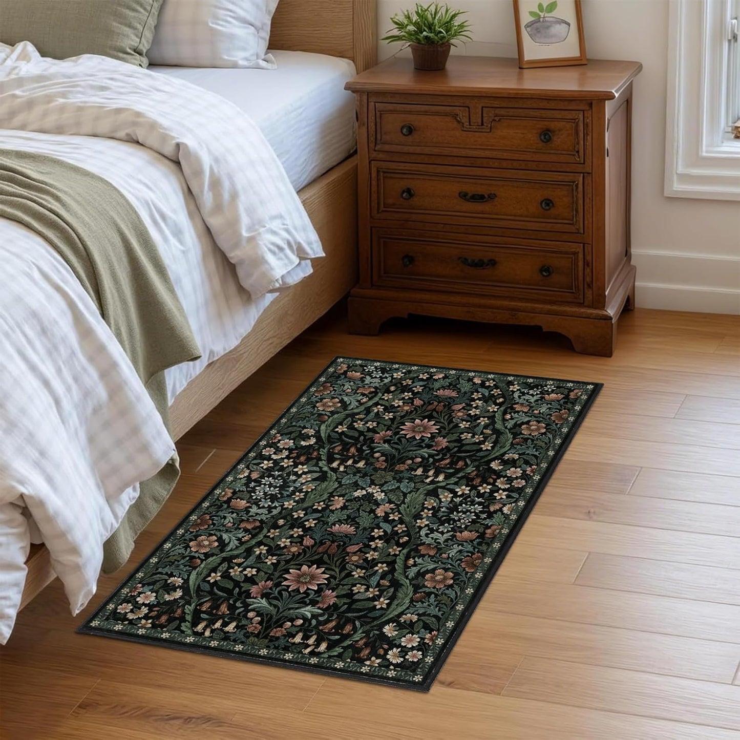 Floral 2x3 Entryway Rug,Washable Front Door Mat Indoor Non Slip Low Pile Small Carpet, Soft Black Boho Botanical Throw Rug for Bathroom Bedroom Kitchen Laundry Indoor Entrance