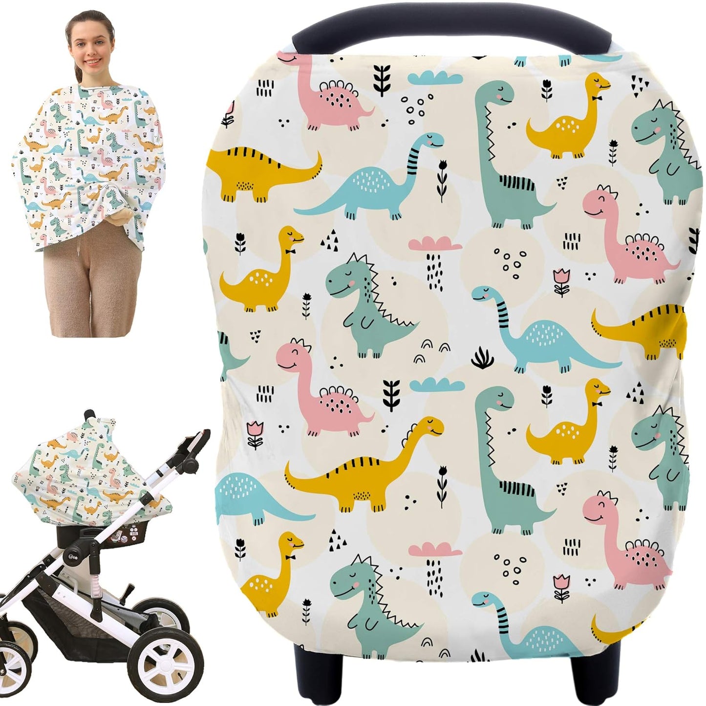 Multi-use Carseat Covers Breastfeeding Cover - Car Seat Covers for Babies, Stretchy Carseat Canopy Cover, Boys and Girls Shower Gifts (Colours Dinosaur)