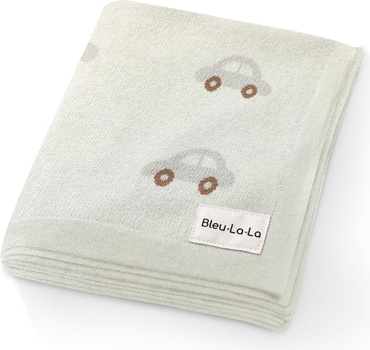 Knit Baby Blanket for Girls and Boys 100% Cotton Buttery Soft Cozy Receiving Swaddle Crib Stroller Blanket for Shower Gift Registry for Newborns, Infants, Toddlers (Cars - Cream)