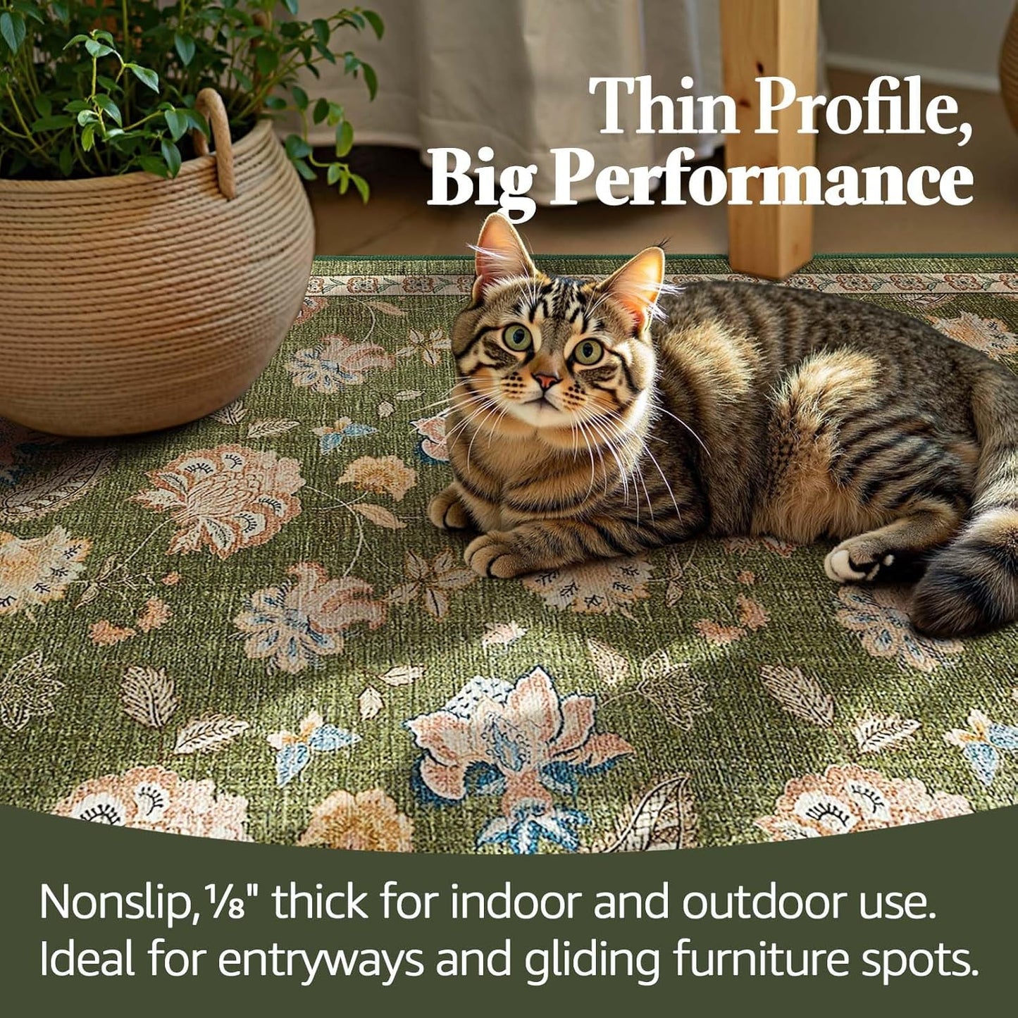 jinchan 3x10 Floral Runner Rug for Hallway Washable Kitchen Runner Vintage Romance Design Non Slip Thin Indoor Floor Cover Low-Profile Throw Carpet for Entryway Bathroom Bedroom Porch, Green