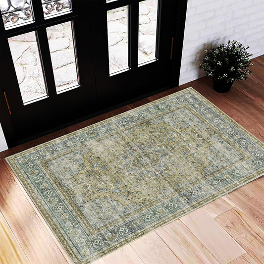 Washable Area Rug 2'x3' Door Mat Vintage Distressed Doormat Indoor Entrance Traditional Thin Rug Floral Print Non Slip Carpet for Kitchen Bathroom Bedroom Living Room