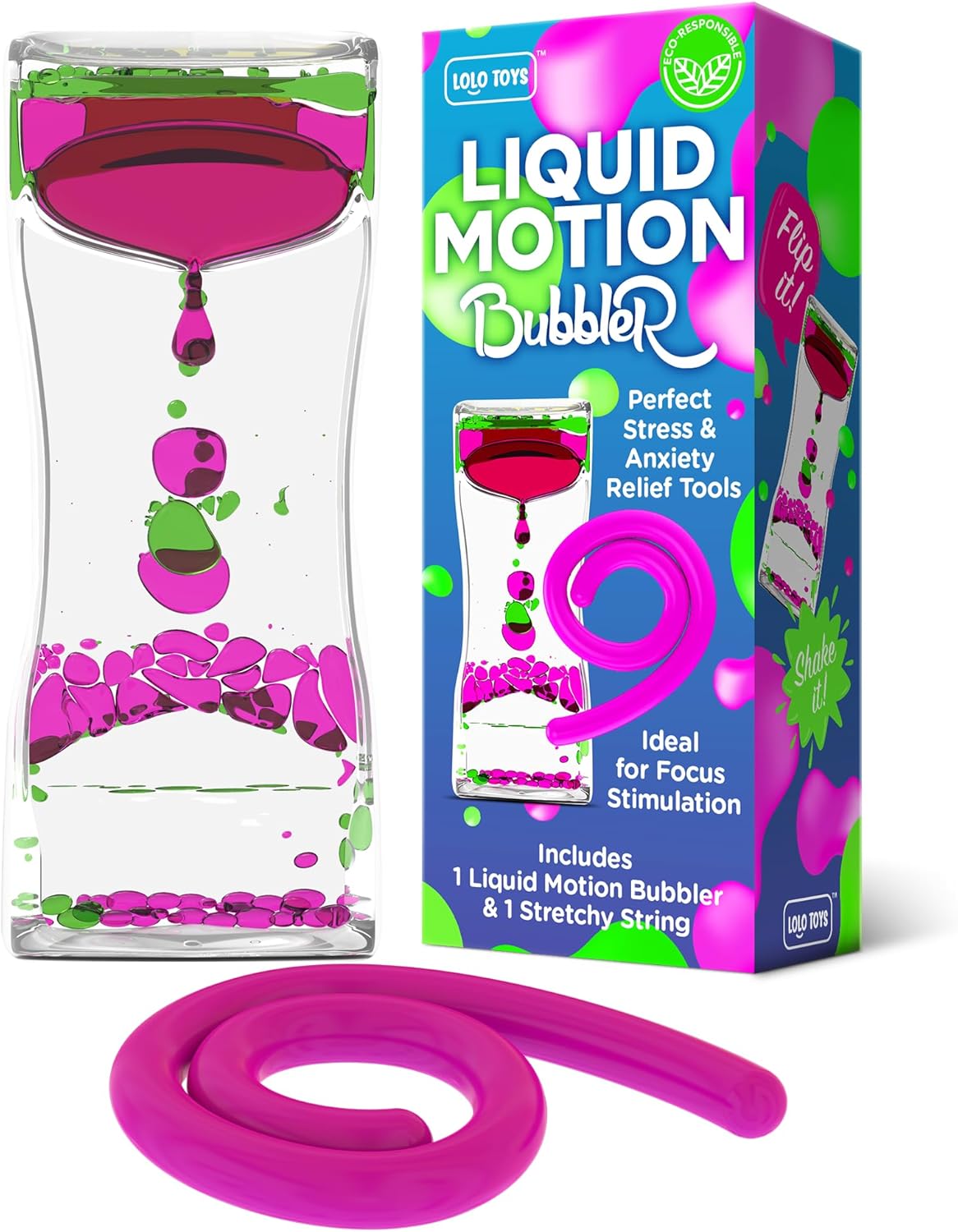 Liquid Motion Bubbler Sensory Toys – 2 Pc Set Bundle Stretchy String Fidget Toys Timer for Stress Relief and Anxiety Relief, Water Oil Toy for Hyperactivity Relaxation figit Fuchsia