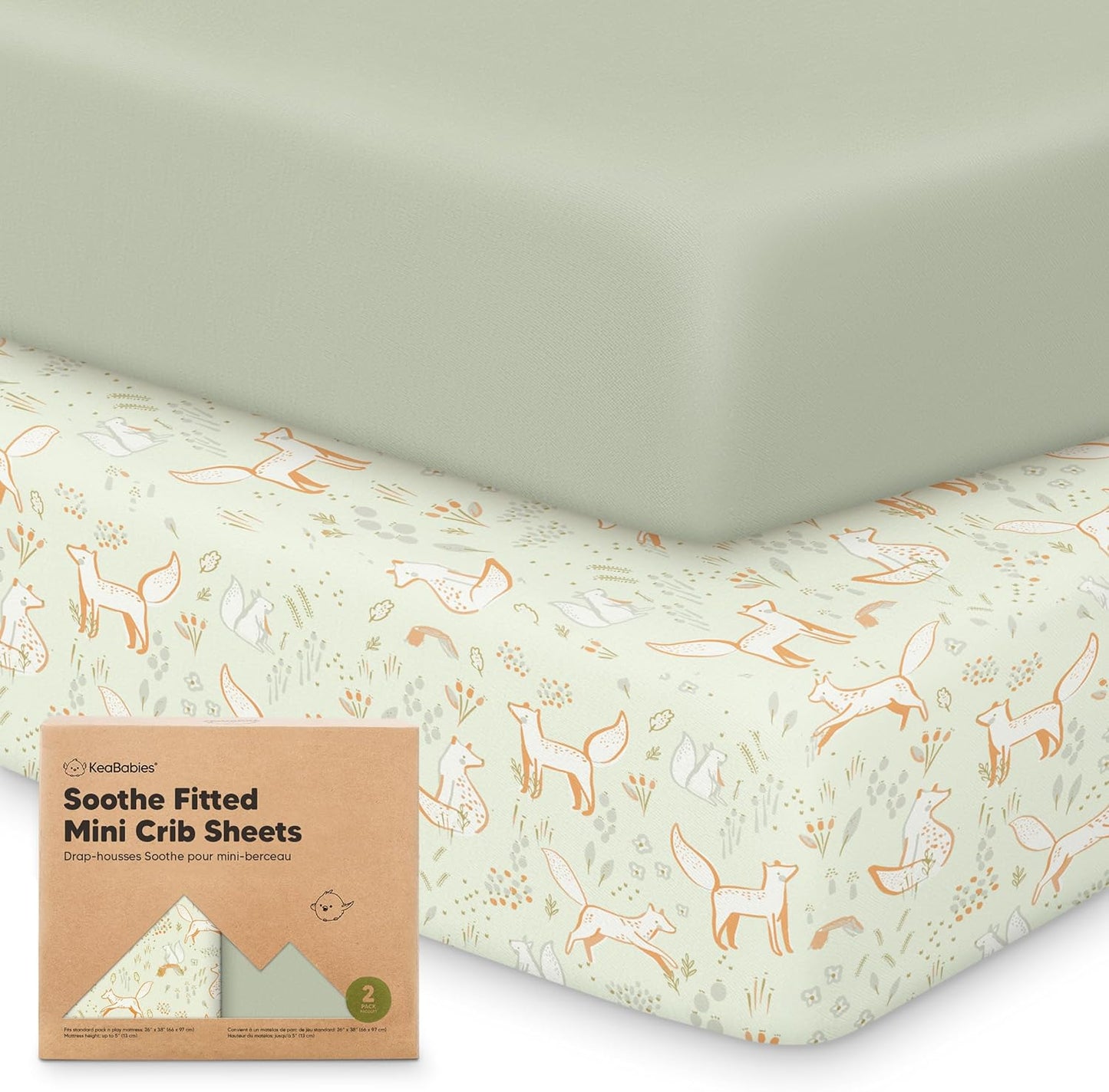 2-Pack Mini Crib Sheets Fitted - 38x26 Pack N Play Sheets for Pack and Play Mattress, Organic Cotton, Soft & Breathable Playard Bedding, Neutral Mini Toddler Bed Cover for Boys, Girls (Foxtrot)