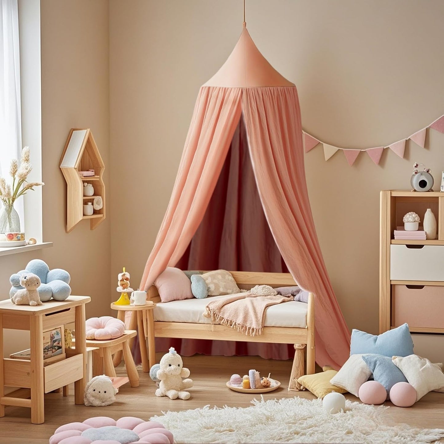 Cotton Kids Bed Canopy, Nursery Room Baby Crib Hanging Curtain Mosquito Net Hideaway Bedding Children Reading Nook Decoration, Pastel Neutral Color for Boys & Girls (Pink)