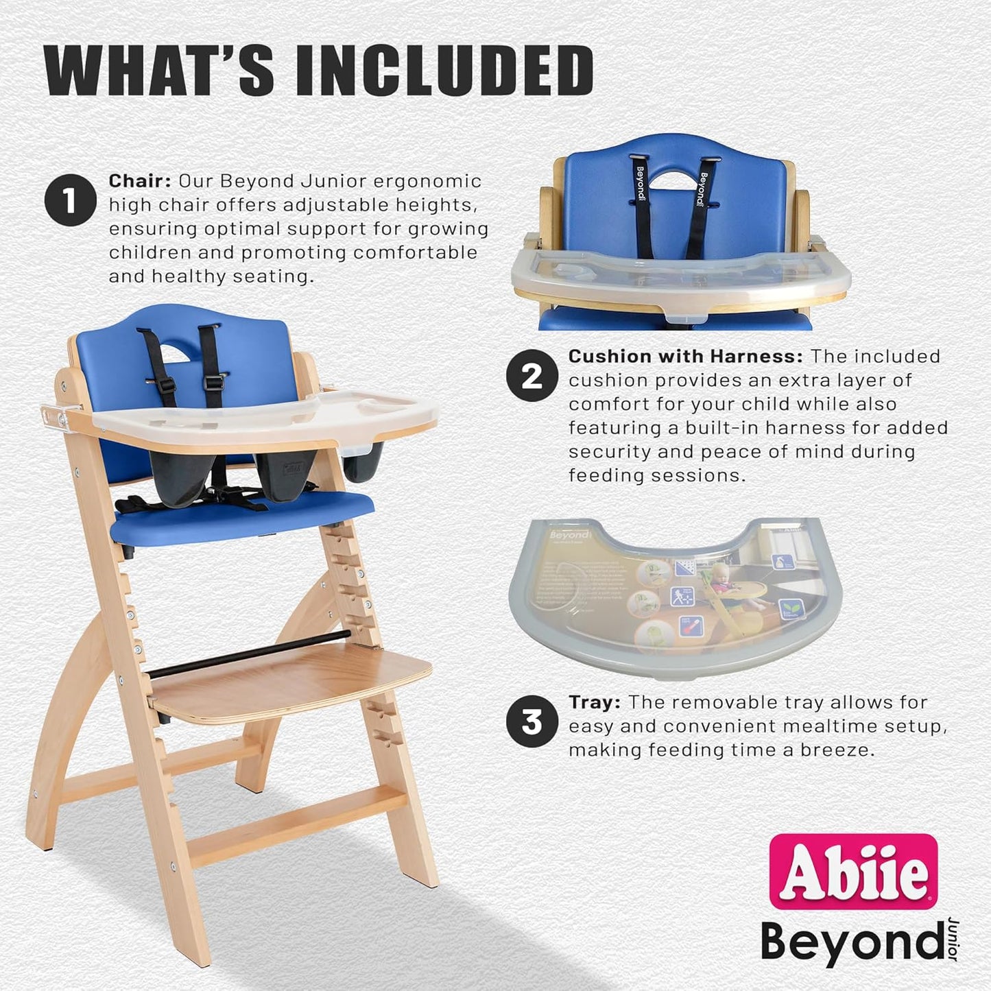 Abiie Beyond Junior Wooden High Chair with Tray - Adjustable and Convertible High Chair for Babies and Toddlers - 6 Months to 250 Lb - Water Resistant - Natural Wood/Blueberry Cushion