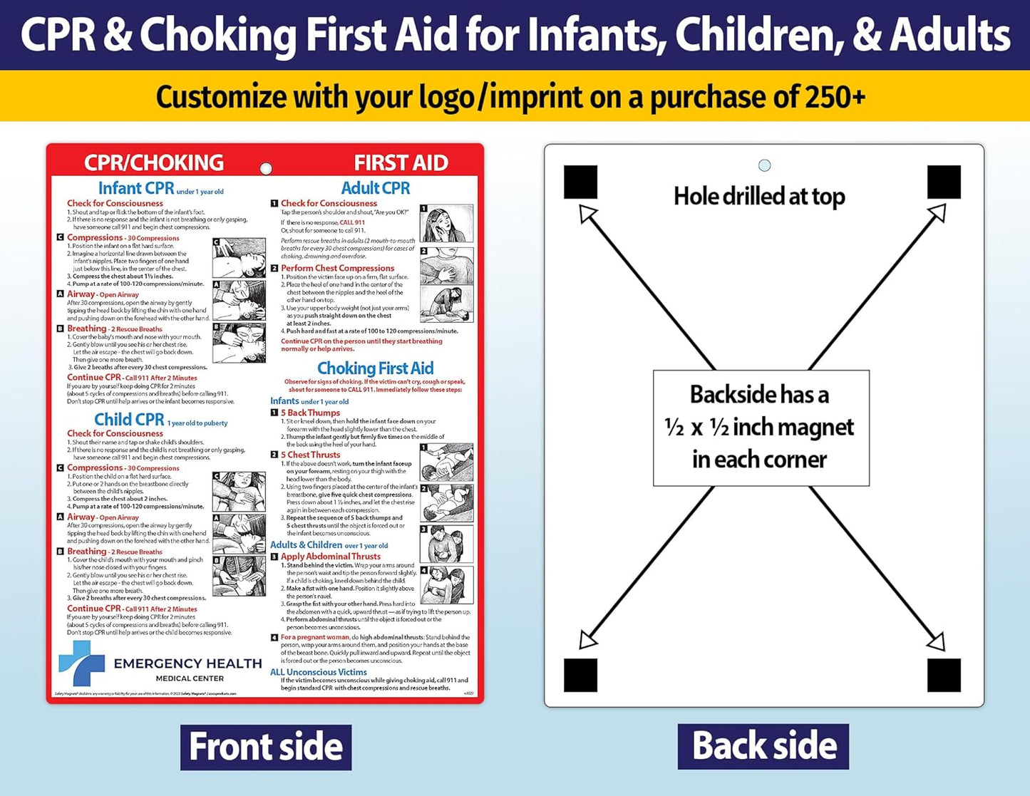 Safety Magnets by ZOCO – 250-Pack Custom CPR & Choking First Aid Magnet – 8.5"x11" Laminated Cards – Personalized with Logo – Branded Safety Handout for Offices, Caregivers & Healthcare