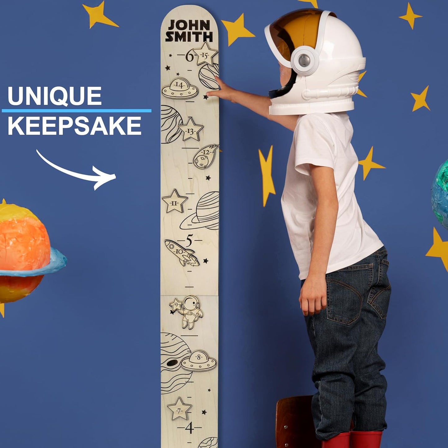 Wooden Height Chart for Wall - Personalized Boy Growth Chart, Custom Name Space Ship Theme Height Ruler Wood, Nursery Growing Wall Meter for Children, Large Baby Growth Chart Solar System, 2 Sizes