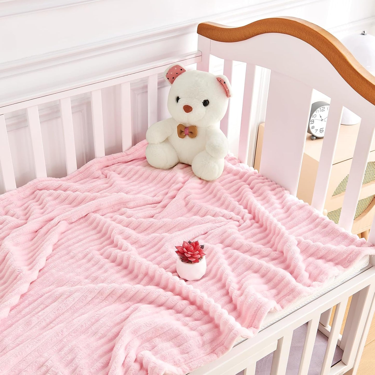 Soft Fleece Baby Blanket Ultra Cozy Pink Baby Blankets for Girls Warm and Lightweight Infant Toddler Newborn Receiving Gift with Reversible Stripes for Crib Stroller, 30x40 Inch, Light Pink