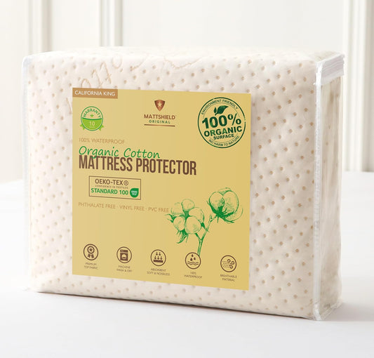 Luxury Waterproof Organic Mattress Protector Calif King - Organic Cotton Breathable Mattress Pad Cover - New 380 GSM Comfort - Deep Pocket - Jersey Cotton Skirt - Fitted Comfort
