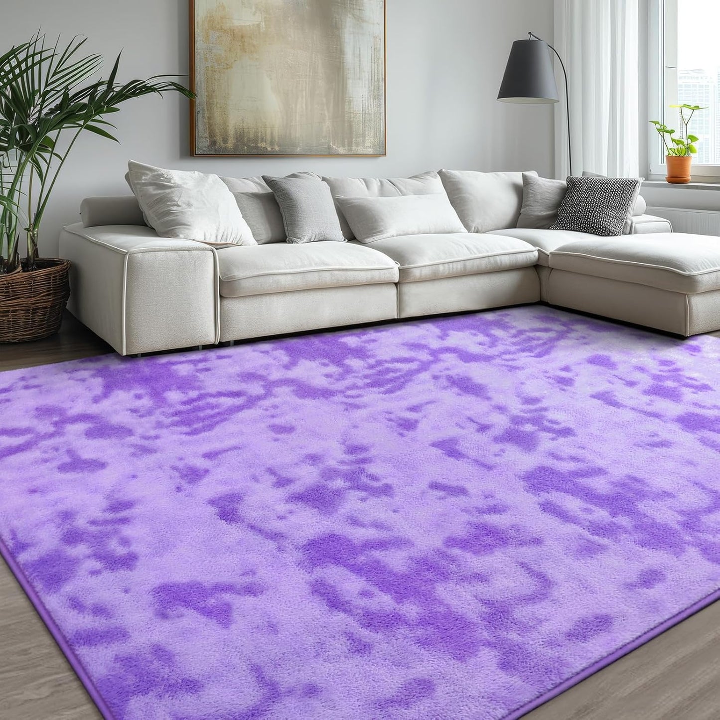 Kimicole 5x8 Washable Area Rugs for Bedroom Living Room, Low Pile Ulta-Thin Solid Color Rug, Non-Slip Soft Fluffy Carpet for Nursery Kids Room Dorm Room Home Decor (Purple)