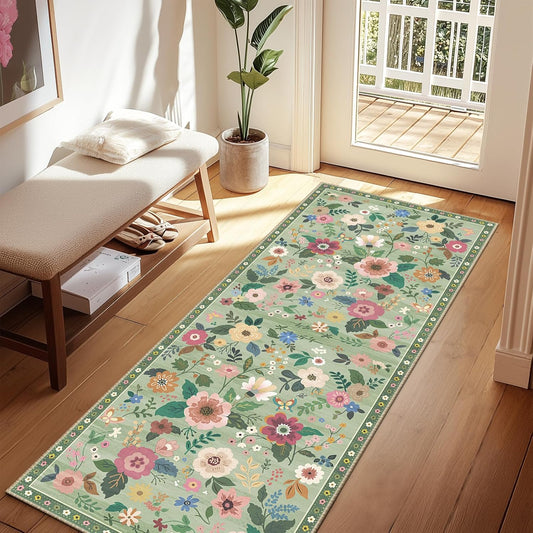 Floral 2x6 Area Rug Machine Washable Soft Print Boho Carpet Non Slip Doormat Low Pile Flower Area Rugs for Living Room Bedroom Nursery Kitchen Dining Room Indoor-Light Green