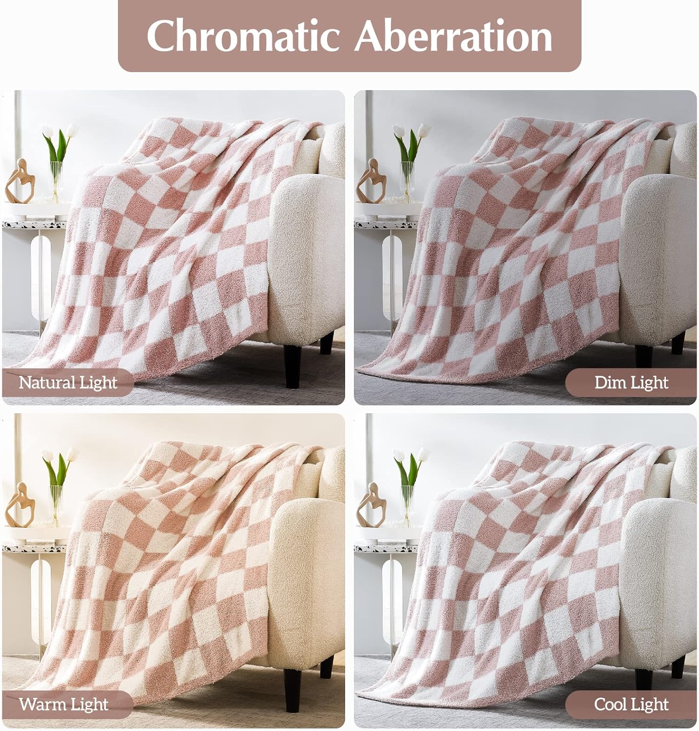 WRENSONGE Checkered Throw Blanket, Pink Soft Cozy Fluffy Warm Hand Made Throw Blankets for Couch, Sofa, Chair, Bed, Camping, Picnic, Travel Lightweight Bed Blankets for Women Mothers Birthday Gifts