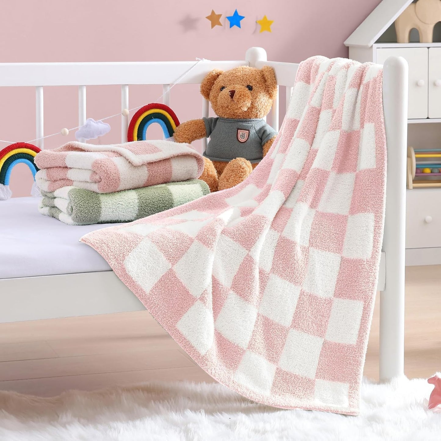 WRENSONGE Checkered Throw Blanket, Pink Microfiber Soft Cozy Fluffy Warm Hand Made Throw Blankets for Couch, Sofa, Chair, Bed, Camping, Picnic, Travel Lightweight Bed Blanket - 30"*40"