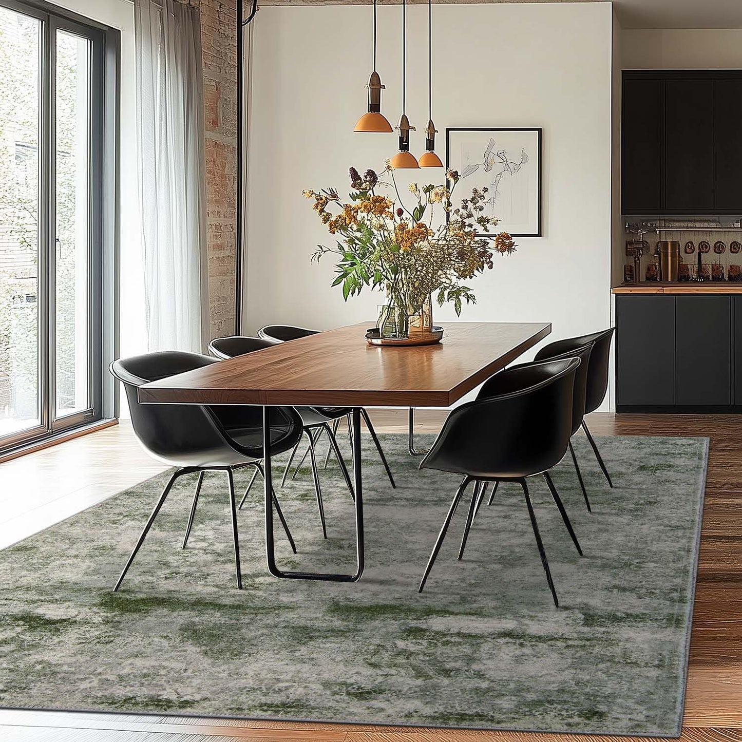 jinchan Washable Area Rug 8x10 for Living Room - Soft Faux Wool Ultra-Thin Stain Resistant Non-Slip Distressed Vintage Floral Large Carpet for Bedroom,Dining Room,Home Office,Nursery(Green, 8'x10')