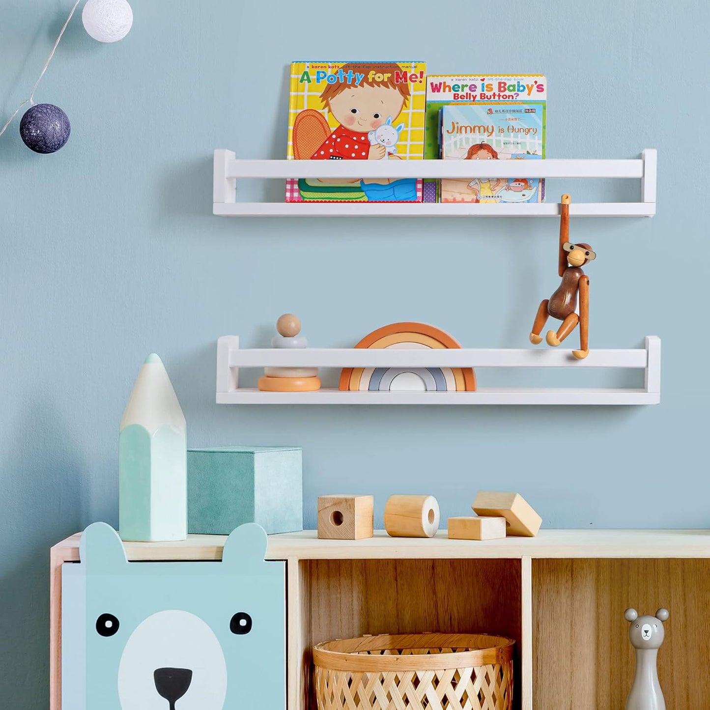 Fun Memories Nursery Book Shelves - Rustic Natural Solid Wood Floating Bookshelf for Kids - Wall Book Shelves for Kids Room (White, 24inch - 4P)